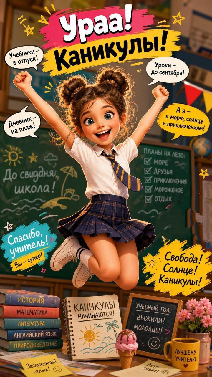 Ураа! Каникулы! Учебники - в отпуск! Дневник - на пляж! Уроки - до сентября! А я - к морю, солнцу и приключениям! До свидания, школа! Спасибо, учитель! Вы - супер! ПЛАНЫ НА ЛЕТО: МОРЕ, ДРУЗЬЯ, ПРИКЛЮЧЕНИЯ, МОРОЖЕНОЕ, ОТДЫХ. Свобода! Солнце! Каникулы! ИСТОРИЯ, МАТЕМАТИКА, ЛИТЕРАТУРА, АНГЛИЙСКИЙ ЯЗЫК, ПРИРОДОВЕДЕНИЕ. КАНИКУЛЫ НАЧИНАЮТСЯ! УЧЕБНЫЙ
