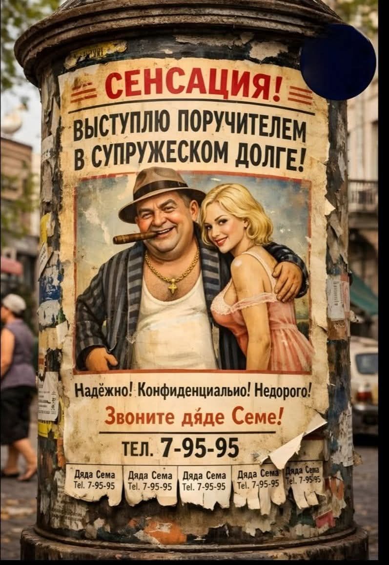 СЕНСАЦИЯ! ВЫСТУПЛЮ ПОРУЧИТЕЛЕМ В СУПРУЖЕСКОМ ДОЛГЕ! Надёжно! Конфиденциально! Недорого! Звоните дяде Семе! ТЕЛ. 7-95-95 Дядя Сема Тел. 7-95-95