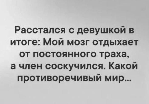 Расстался с девушкой в итоге: Мой мозг отдыхает от постоянного траха, а член соскучился. Какой противоречивый мир...