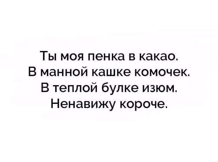 Ты моя пенка в какао. В манной кашке комочек. В теплой булке изюм. Ненавижу короче.