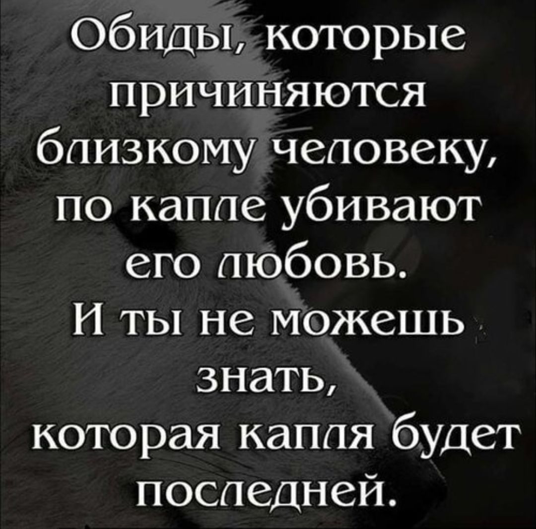 Обиды, которые причиняются близкому человеку, по капле убивают его любовь. И ты не можешь знать, которая капля будет последней.