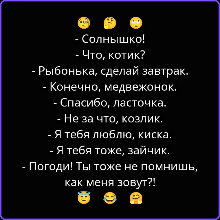 Солнышко! Что, котик? Рыбонька, сделай завтрак. Конечно, медвежонок. Спасибо, ласточка. Не за что, козлик. Я тебя люблю, киска. Я тебя тоже, зайчик. Погоди! Ты тоже не помнишь, как меня зовут?!
