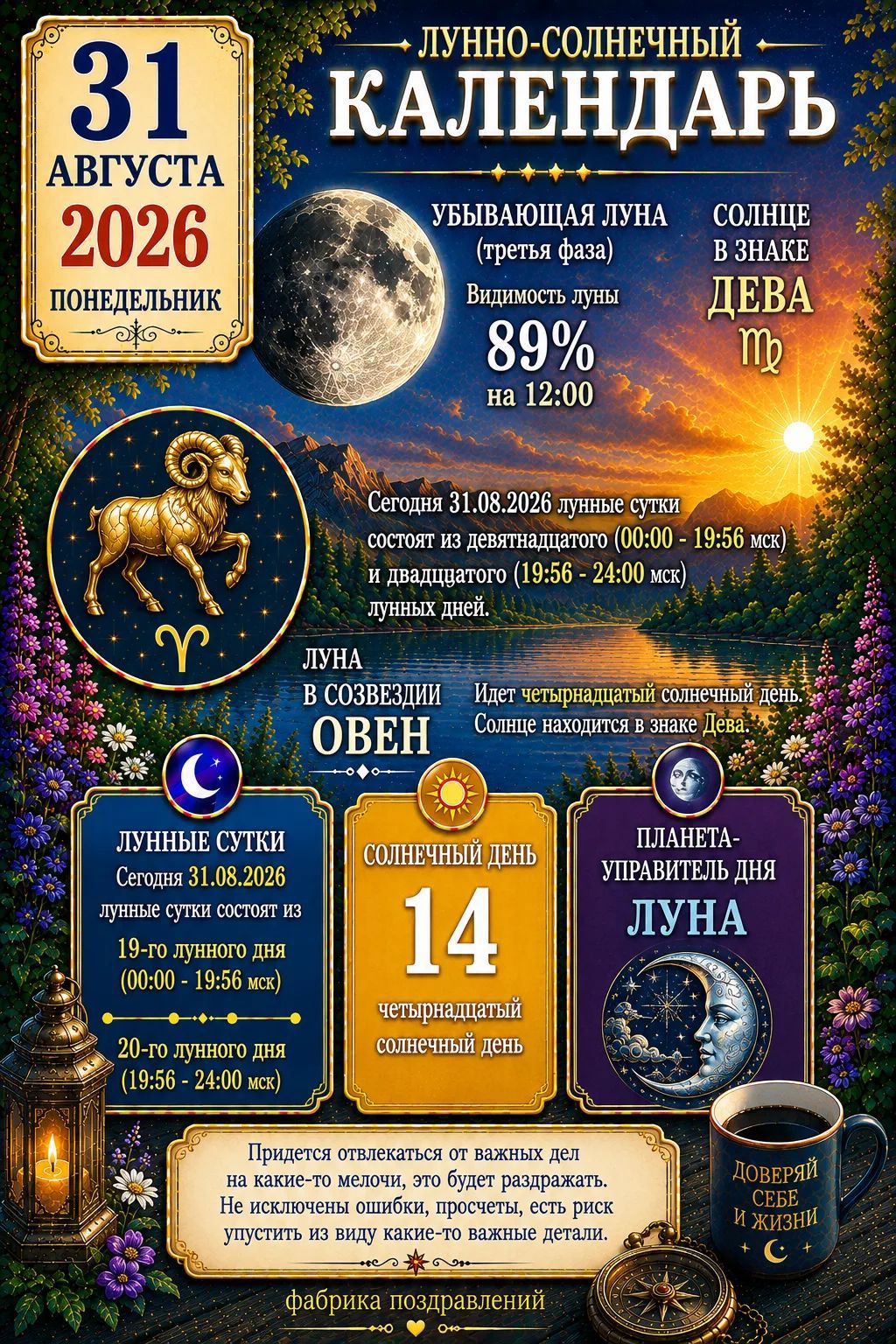 ЛУННО-СОЛНЕЧНЫЙ КАЛЕНДАРЬ 31 АВГУСТА 2026 ПОНЕДЕЛЬНИК. Убывающая луна (третья фаза), видимость луны 89% на 12:00. Солнце в знаке Дева. Луна в созвездии Овен. 14 солнечный день. Планета-управитель дня Луна. Придется отвлекаться от важных дел на какие-то мелочи, это будет раздражать. Не исключены ошибки, просчеты, есть риск упустить из виду какие-то