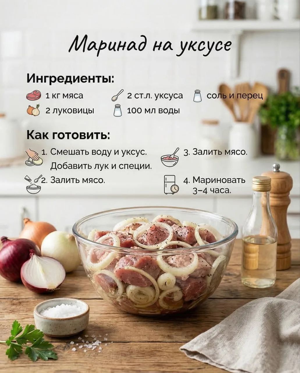 Маринад на уксусе. Ингредиенты: 1 кг мяса, 2 луковицы, 2 ст.л. уксуса, 100 мл воды, соль и перец. Как готовить: 1. Смешать воду и уксус. Добавить лук и специи. 2. Залить мясо. 3. Залить мясо. 4. Мариновать 3-4 часа.