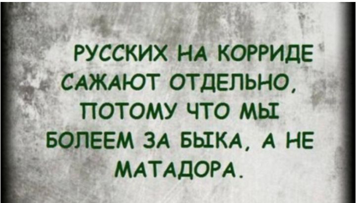 РУССКИХ НА КОРРИДЕ САЖАЮТ ОТДЕЛЬНО, ПОТОМУ ЧТО МЫ БОЛЕЕМ ЗА БЫКА, А НЕ МАТАДОРА.