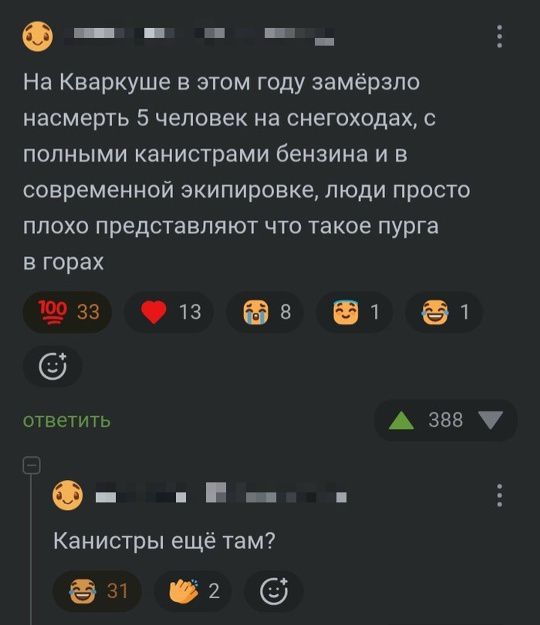 На Кваркуше в этом году замёрзло насмерть 5 человек на снегоходах, с полными канистрами бензина и в современной экипировке, люди просто плохо представляют что такое пурга в горах
Канистры ещё там?