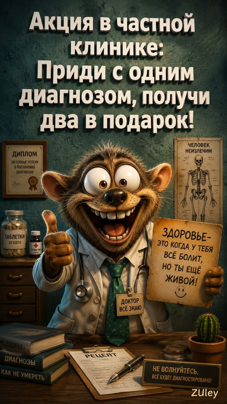 Акция в частной клинике: Приди с одним диагнозом, получи два в подарок! ЧЕЛОВЕК НЕИЗЛЕЧИМ. ДИПЛОМ ЗА ОСОБЫЕ УСПЕХИ В ПОСТАНОВКЕ ДИАГНОЗОВ. ТАБЛЕТКИ ОТ ВСЕГО. ДОКТОР ВСЁ ЗНАЮ. ЗДОРОВЬЕ - ЭТО КОГДА У ТЕБЯ ВСЁ БОЛИТ, НО ТЫ ЕЩЁ ЖИВОЙ! РЕЦЕПТ. МЕДЦИНА. ДИАГНОЗЫ. КАК НЕ УМЕРЕТЬ! НЕ ВОЛНУЙТЕСЬ, ВСЁ БУДЕТ ДИАГНОСТИРОВАНО! ZuLey