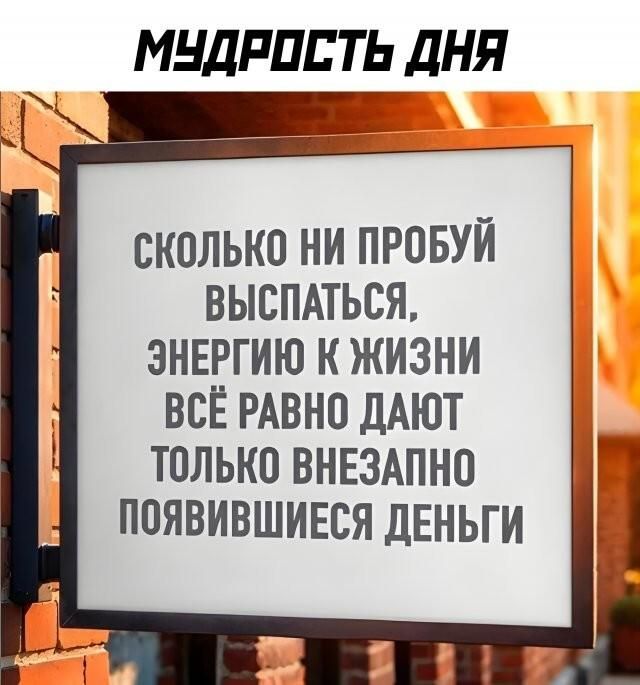 МУДРОСТЬ ДНЯ Сколько ни пробуй выспаться, энергию к жизни всё равно дают только внезапно появившиеся деньги