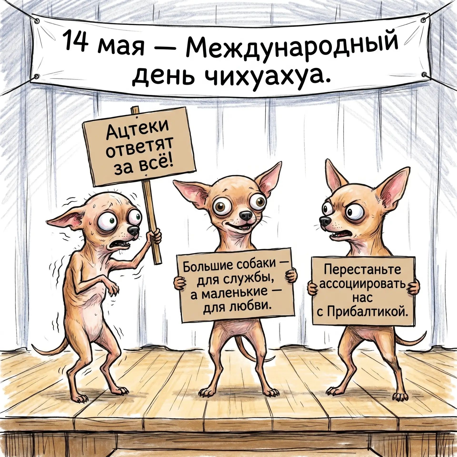 14 мая — Международный день чихуахуа. Ацтеки ответят за всё! Большие собаки — для службы, а маленькие — для любви. Перестаньте ассоциировать нас с Прибалтикой.