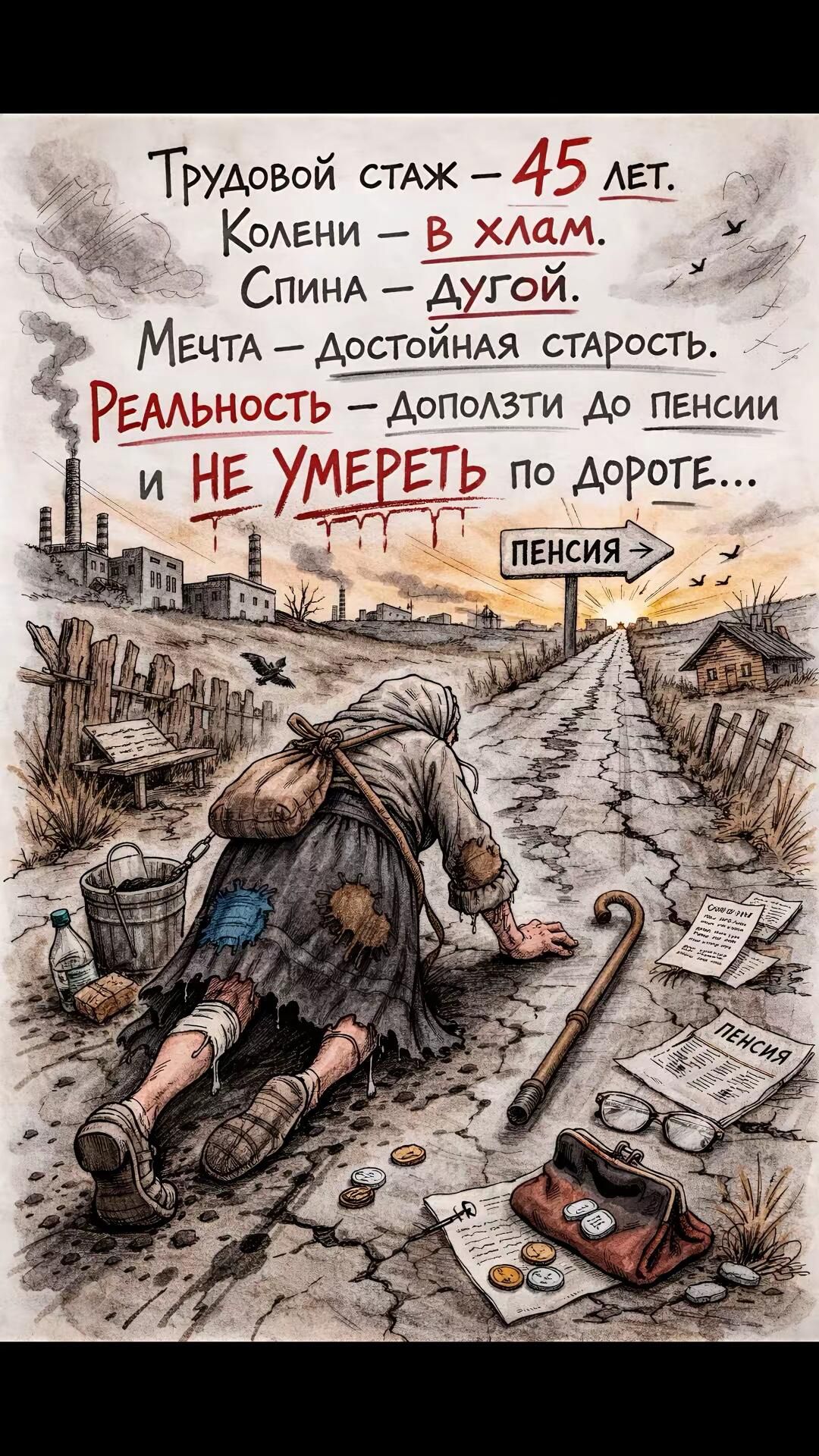 Трудовой стаж – 45 лет. Колени – в хлам. Спина – дугой. Мечта – достойная старость. Реальность – доползти до пенсии и не умереть по дороге... ПЕНСИЯ