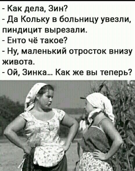 - Как дела, Зин?
- Да Кольку в больницу увезли, пиндицит вырезали.
- Енто чё такое?
- Ну, маленький отросток внизу живота.
- Ой, Зинка... Как же вы теперь?