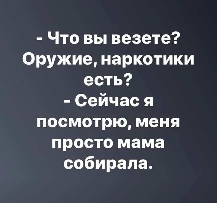Что вы везете? Оружие, наркотики есть? Сейчас я посмотрю, меня просто мама собирала.