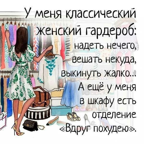 У меня классический женский гардероб: надеть нечего, вешать некуда, выкинуть жалко..! А ещё у меня в шкафу есть отделение «Вдруг похудею».