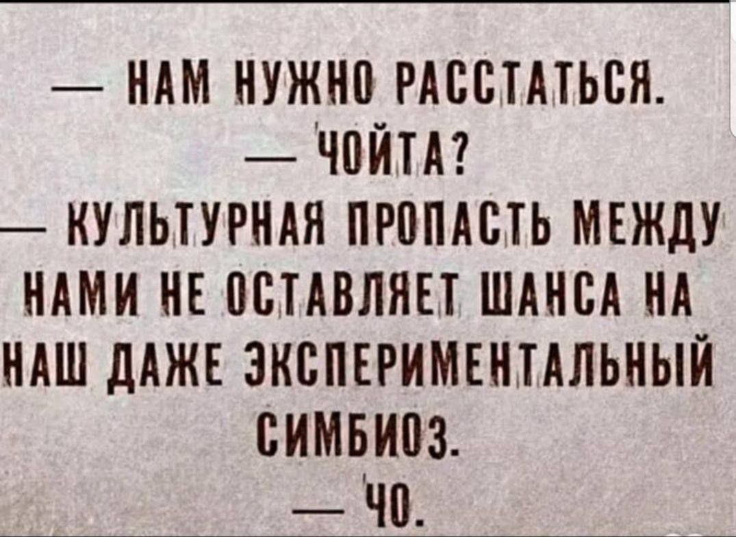 — НАМ НУЖНО РАССТАТЬСЯ.
— ЧОЙТА?
— КУЛЬТУРНАЯ ПРОПАСТЬ МЕЖДУ НАМИ НЕ ОСТАВЛЯЕТ ШАНСА НА НАШ ДАЖЕ ЭКСПЕРИМЕНТАЛЬНЫЙ СИМБИОЗ.
— ЧО.