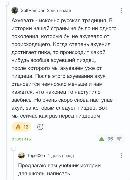 SoftRamDar 2 дня назад Ахуевать - исконно русская традиция. В истории нашей страны не было ни одного поколения, которые бы не ахуевало от происходящего. Когда степень ахуения достигает пика, то происходит какой нибудь вообще ахуевший пиздец, после которого мы ахуеваем уже от пиздеца. После этого ахуевания ахуя становится немножко меньше и нам