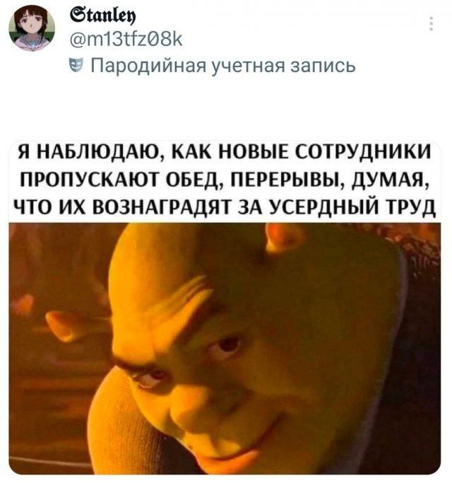 Stanley @m13tfz08k Пародийная учетная запись Я НАБЛЮДАЮ, КАК НОВЫЕ СОТРУДНИКИ ПРОПУСКАЮТ ОБЕД, ПЕРЕРЫВЫ, ДУМАЯ, ЧТО ИХ ВОЗНАГРАДЯТ ЗА УСЕРДНЫЙ ТРУД