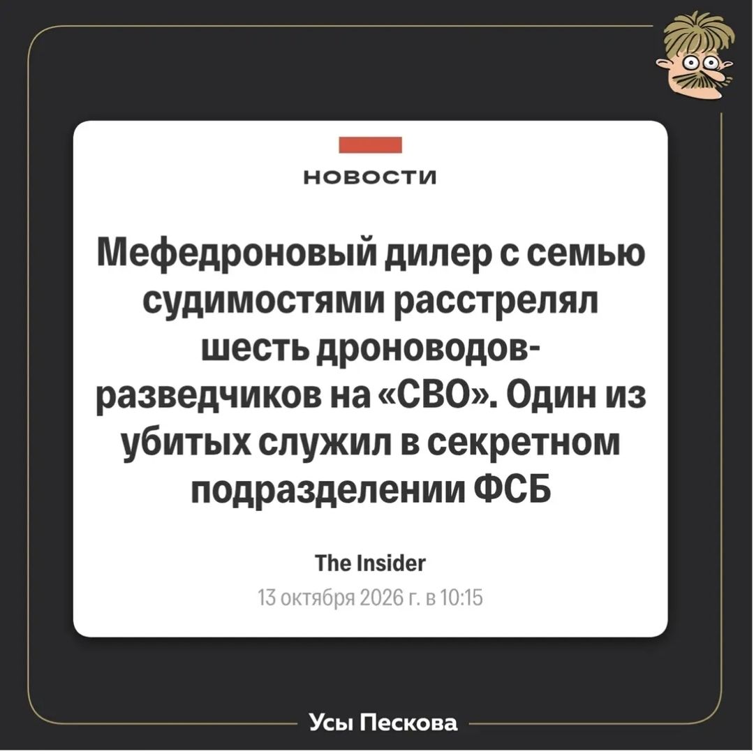 новости Мефедроновый дилер с семью судимостями расстрелял шесть дроноводов-разведчиков на «СВО». Один из убитых служил в секретном подразделении ФСБ The Insider 13 октября 2026 г. в 10:15 Усы Пескова