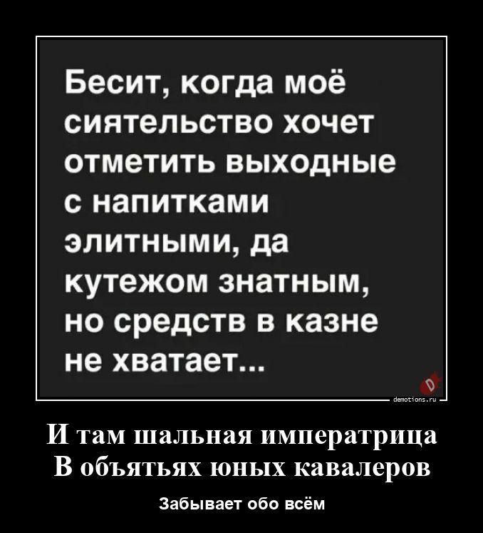 Бесит, когда моё сиятельство хочет отметить выходные с напитками элитными, да кутежом знатным, но средств в казне не хватает... И там шальная императрица В объятьях юных кавалеров Забывает обо всём
