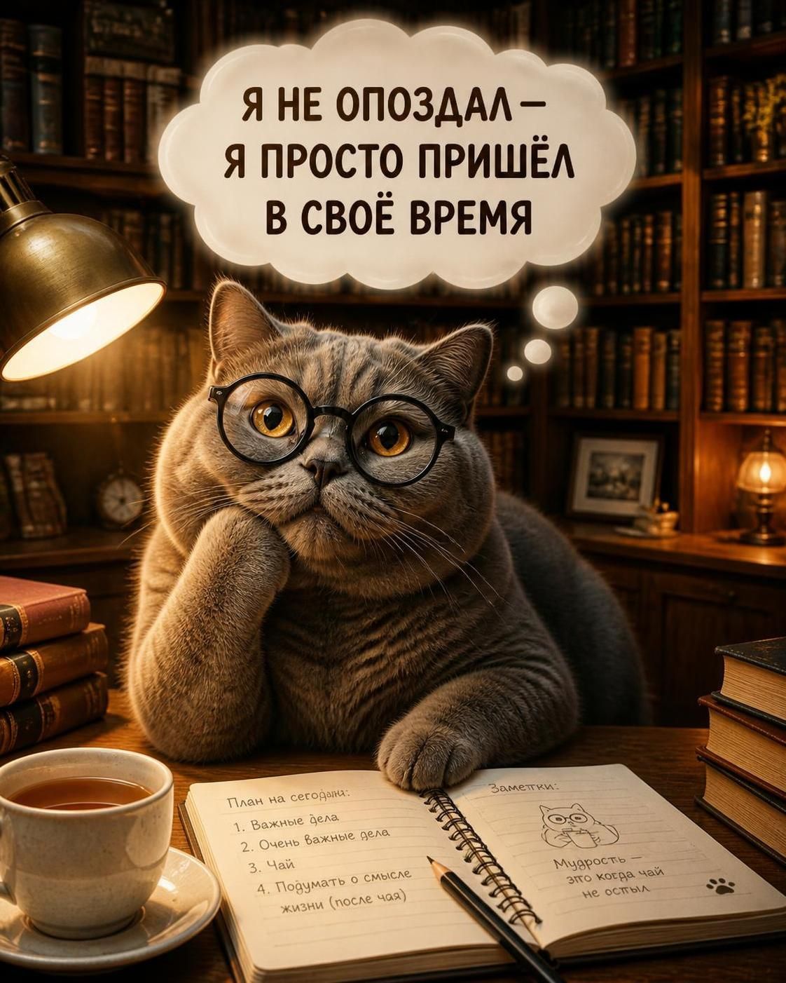 Я не опоздал — я просто пришёл в своё время. План на сегодня: 1. Важные дела 2. Очень важные дела 3. Чай 4. Подумать о смысле жизни (после чая). Заметки: Мудрость — это когда чай не остыл