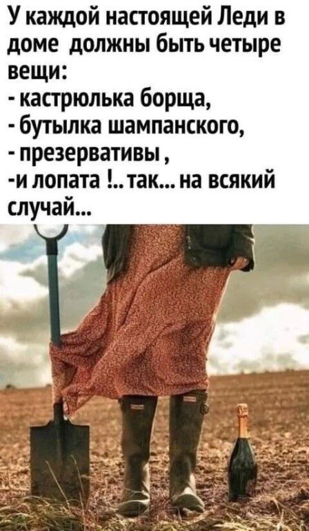 У каждой настоящей Леди в доме должны быть четыре вещи: - кастрюлька борща, - бутылка шампанского, - презервативы, - и лопата !... так... на всякий случай...