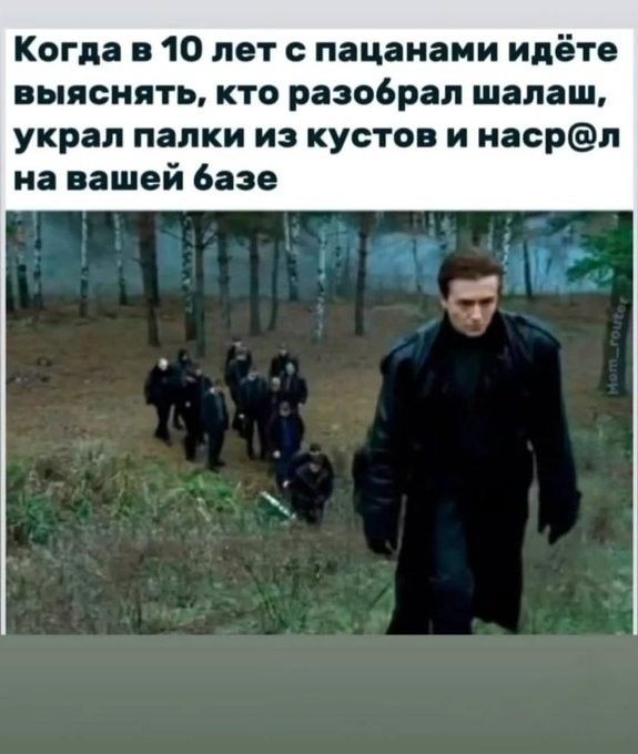 Когда в 10 лет с пацанами идёте выяснять, кто разобрал шалаш, украл палки из кустов и наср@л на вашей базе