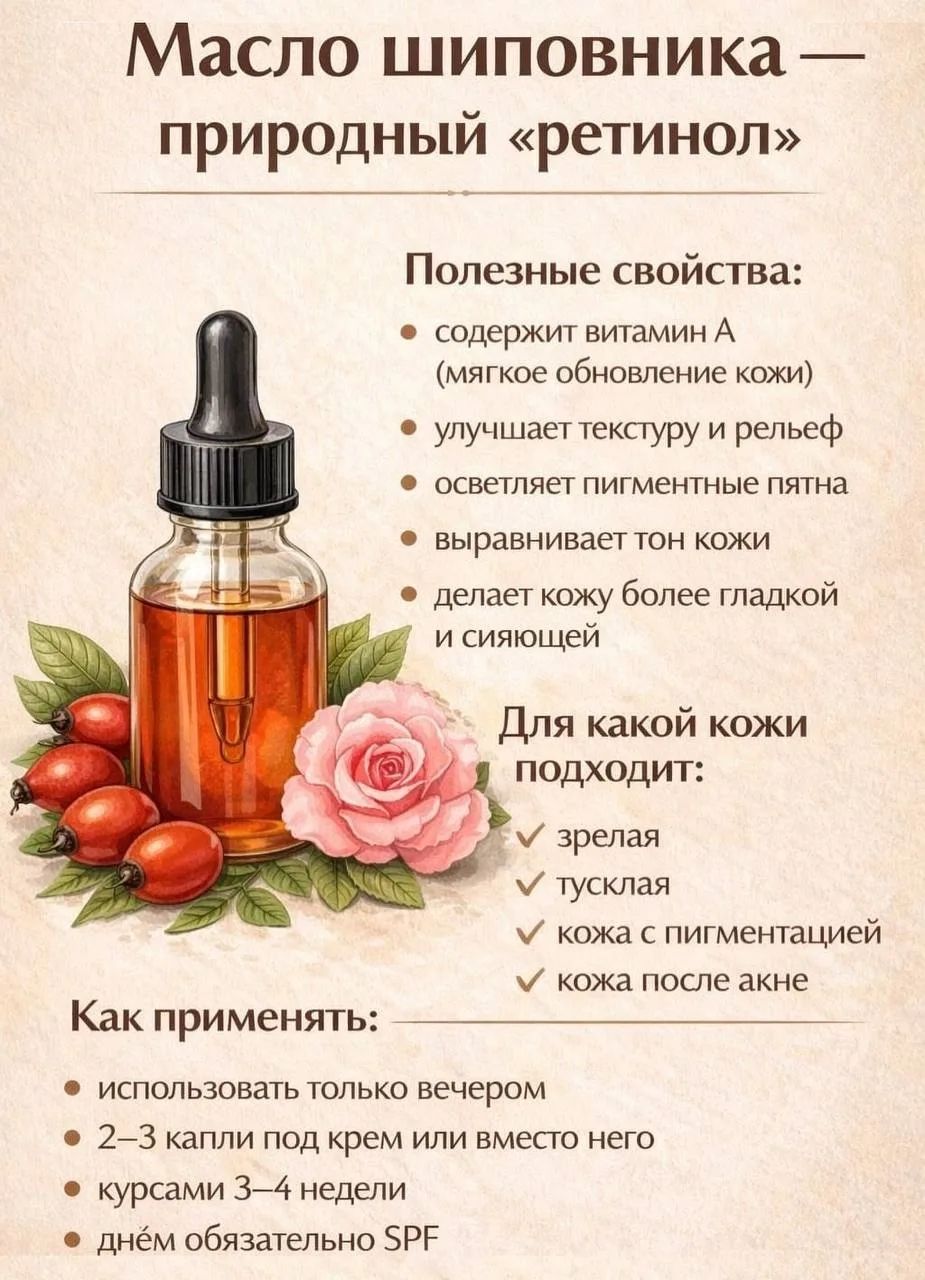 Масло шиповника — природный «ретинол» Полезные свойства: содержит витамин А (мягкое обновление кожи) улучшает текстуру и рельеф осветляет пигментные пятна выравнивает тон кожи делает кожу более гладкой и сияющей Для какой кожи подходит: зрелая тусклая кожа с пигментацией кожа после акне Как применять: использовать только вечером 2–3 капли под крем