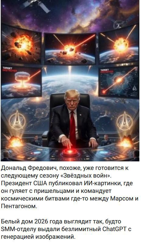 TARGET DESTROYED. Дональд Фредович, похоже, уже готовится к следующему сезону «Звёздных войн». Президент США опубликовал ИИ-картинки, где он гуляет с пришельцами и командует космическими битвами где-то между Марсом и Пентагоном. Белый дом 2026 года выглядит так, будто SMM-отделу выдали безлимитный ChatGPT с генерацией изображений.