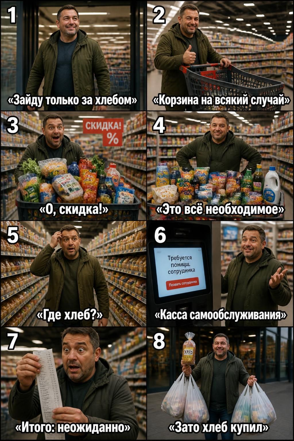 1: Зайду только за хлебом. 2: Корзина на всякий случай. 3: О, скидка! 4: Это всё необходимое. 5: Где хлеб? 6: Касса самообслуживания. Требуется помощь сотрудника. 7: Итого: неожиданно. 8: Зато хлеб купил.