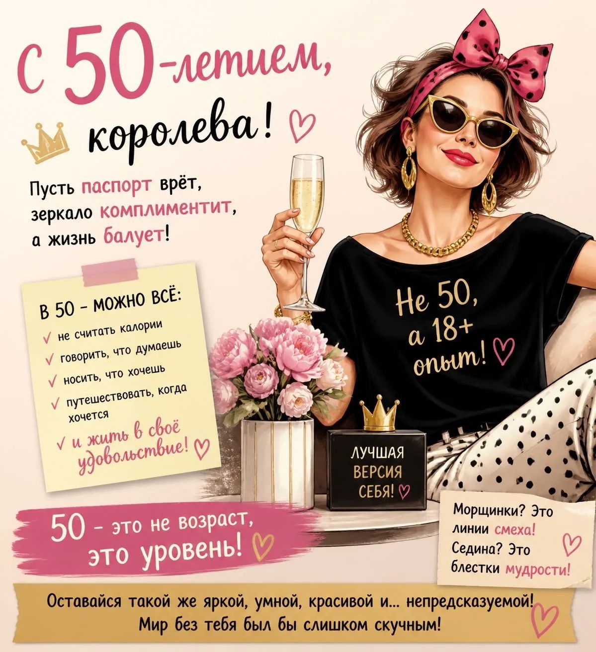 С 50-летием, королева! Пусть паспорт врёт, зеркало комплиментит, а жизнь балует! В 50 - можно всё: не считать калории, говорить, что думаешь, носить, что хочешь, путешествовать, когда хочется, и жить в свое удовольствие! 50 - это не возраст, это уровень! Не 50, а 18+ опыт! Лучшая версия себя! Морщинки? Это линии смеха! Седина? Это блестки