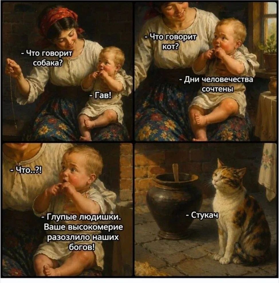 - Что говорит собака? - Гав! - Что говорит кот? - Дни человечества сочтены. - Что..?! - Глупые людишки. Ваше высокомерие разозлило наших богов! - Стукач
