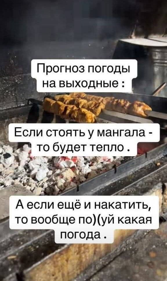 Прогноз погоды на выходные: Если стоять у мангала - то будет тепло. А если ещё и накатить, то вообще по)(уй какая погода.