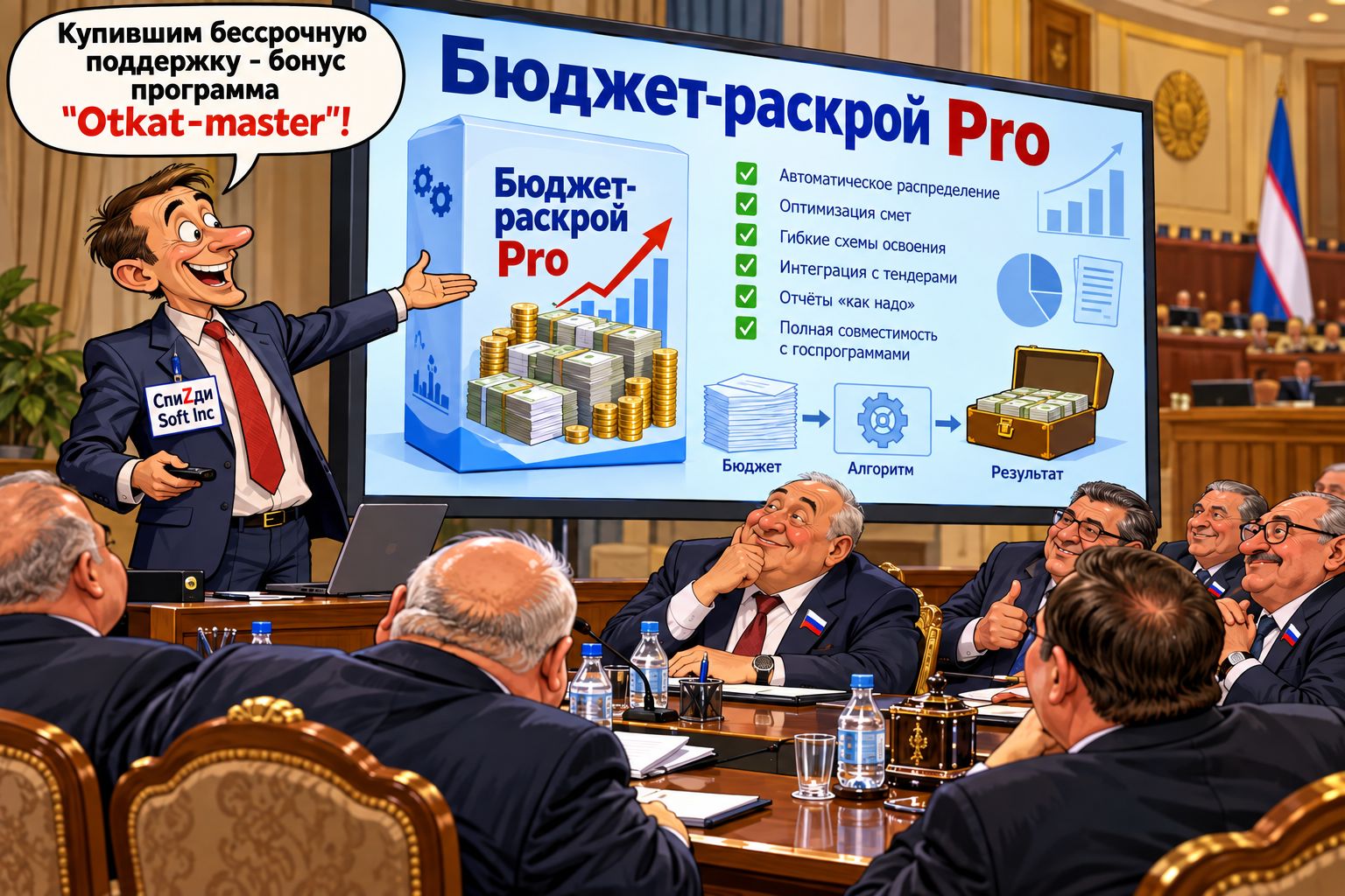 Купившим бессрочную поддержку - бонус программа 'Otkat-master'! Бюджет-раскрой Pro Автоматическое распределение Оптимизация смет Гибкие схемы освоения Интеграция с тендерами Отчёты 'как надо' Полная совместимость с госпрограммами СпиZди Soft Inc Бюджет Алгоритм Результат