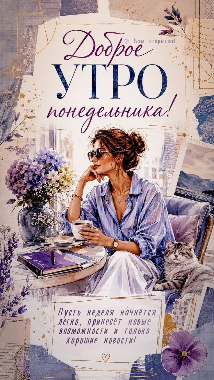 Вам открытка! Доброе утро понедельника! Пусть неделя начнётся легко, принесёт новые возможности и только хорошие новости!
