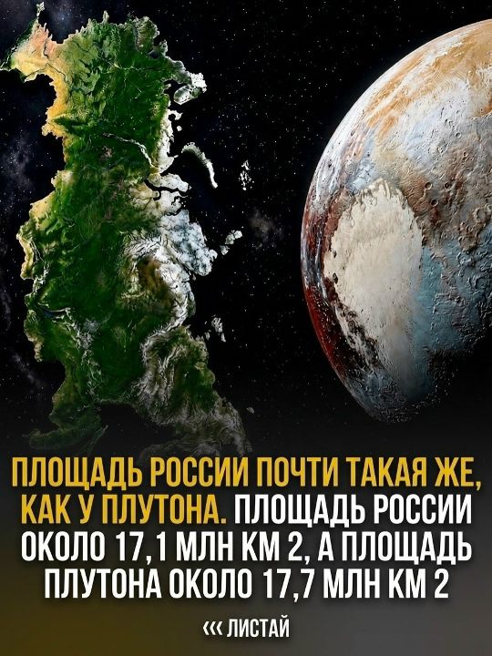 Площадь России почти такая же, как у Плутона. Площадь России около 17,1 млн км 2, а площадь Плутона около 17,7 млн км 2 «Листай»