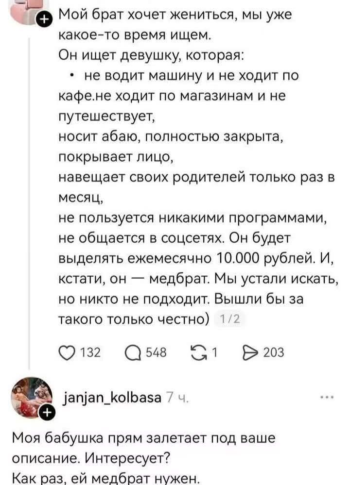 Мой брат хочет жениться, мы уже какое-то время ищем. Он ищет девушку, которая: не водит машину и не ходит по кафе, не ходит по магазинам и не путешествует, носит абаю, полностью закрыта, покрывает лицо, навещает своих родителей только раз в месяц, не пользуется никакими программами, не общается в соцсетях. Он будет выделять ежемесячно 10.000