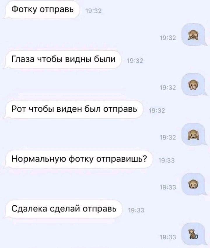 Фотку отправь. [Обезьяна, закрывающая глаза]. Глаза чтобы видны были. [Обезьяна, закрывающая уши]. Рот чтобы виден был отправь. [Обезьяна, закрывающая рот]. Нормальную фотку отправишь? [Обезьяна, закрывающая глаза]. Сдалека сделай отправь. [Обезьяна].