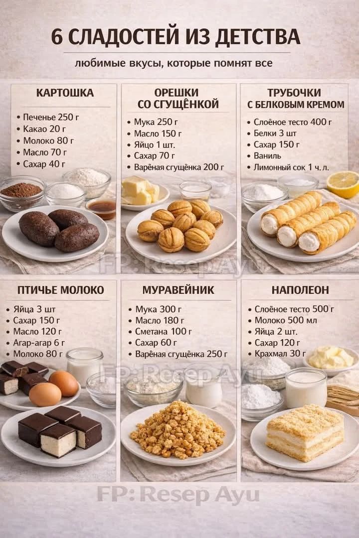 6 СЛАДОСТЕЙ ИЗ ДЕТСТВА любимые вкусы, которые помнят все. КАРТОШКА: Печенье 250 г, Какао 20 г, Молоко 80 г, Масло 70 г, Сахар 40 г. ОРЕШКИ СО СГУЩЁНКОЙ: Мука 250 г, Масло 150 г, Яйцо 1 шт., Сахар 70 г, Варёная сгущёнка 200 г. ТРУБОЧКИ С БЕЛКОВЫМ КРЕМОМ: Слоеное тесто 400 г, Белки 3 шт, Сахар 150 г, Ваниль, Лимонный сок 1 ч.л. ПТИЧЬЕ МОЛОКО: Яйца 3