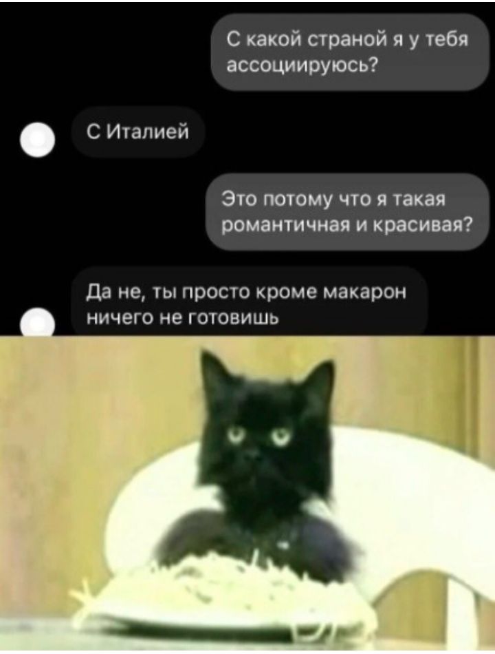 С какой страной я у тебя ассоциируюсь? С Италией. Это потому что я такая романтичная и красивая? Да не, ты просто кроме макарон ничего не готовишь.