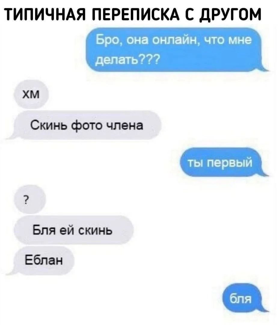 ТИПИЧНАЯ ПЕРЕПИСКА С ДРУГОМ Бро, она онлайн, что мне делать??? ХМ Скинь фото члена ты первый ? Бля ей скинь Еблан бля