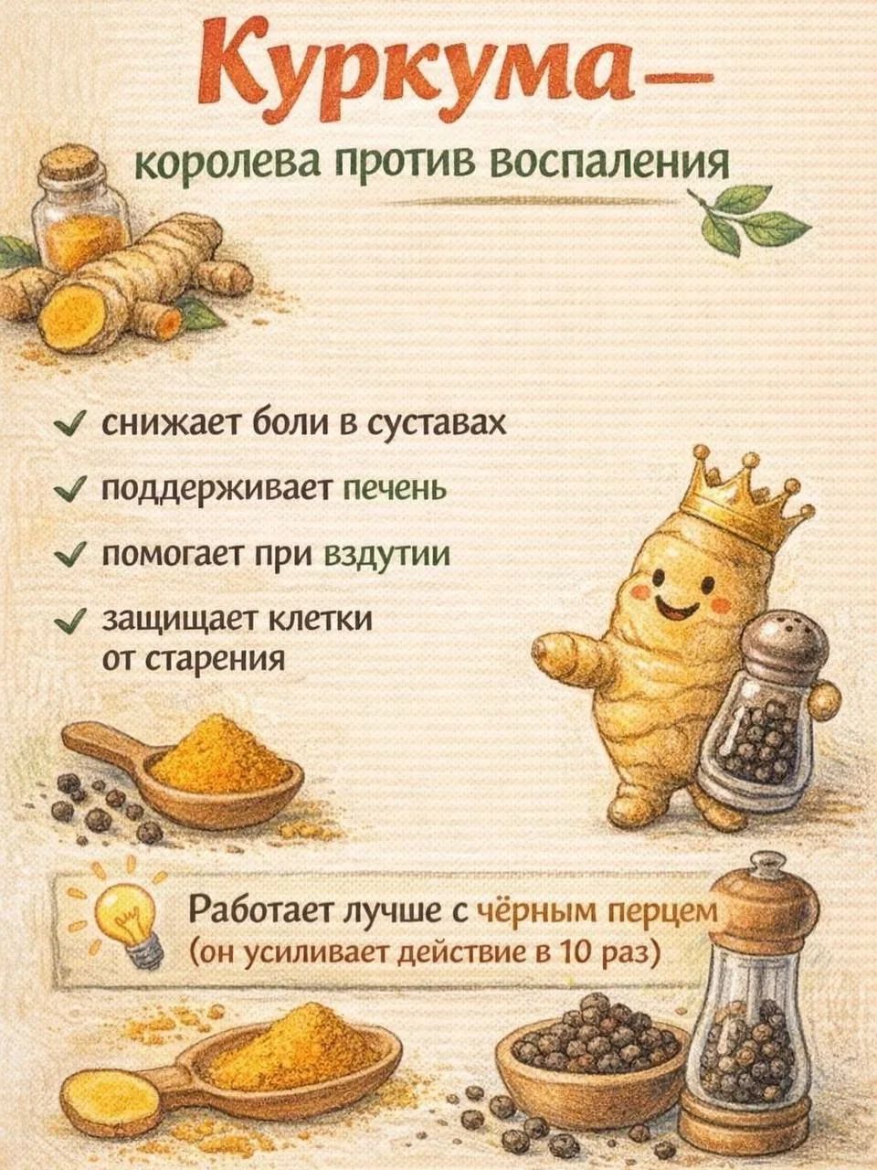 Куркума – королева против воспаления. Снижает боли в суставах, поддерживает печень, помогает при вздутии, защищает клетки от старения. Работает лучше с чёрным перцем (он усиливает действие в 10 раз).