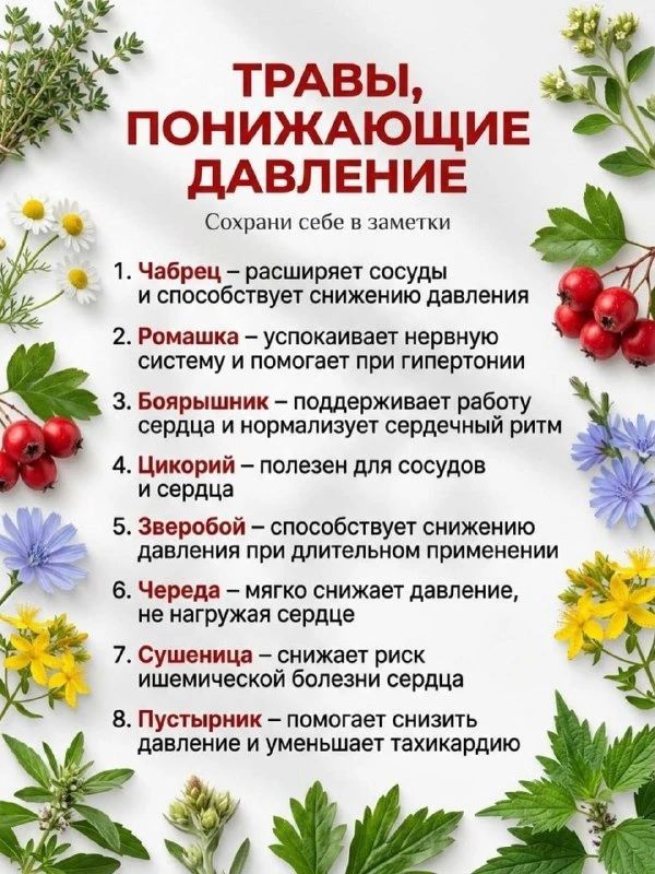 ТРАВЫ, ПОНИЖАЮЩИЕ ДАВЛЕНИЕ Сохрани себе в заметки 1. Чабрец – расширяет сосуды и способствует снижению давления 2. Ромашка – успокаивает нервную систему и помогает при гипертонии 3. Боярышник – поддерживает работу сердца и нормализует сердечный ритм 4. Цикорий – полезен для сосудов и сердца 5. Зверобой – способствует снижению давления при