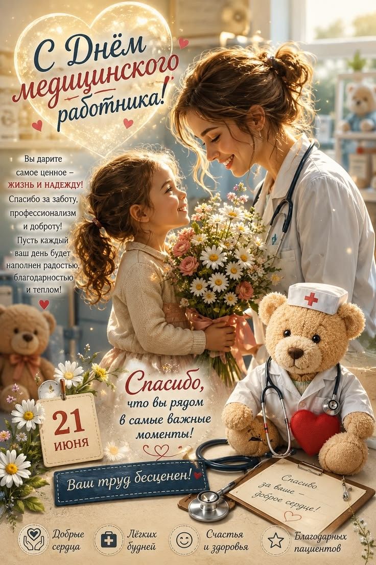 С Днём медицинского работника! Вы дарите самое ценное – жизнь и надежду! Спасибо за заботу, профессионализм и доброту! Пусть каждый ваш день будет наполнен радостью, благодарностью и теплом! 21 ИЮНЯ. Спасибо, что вы рядом в самые важные моменты! Ваш труд бесценен! Спасибо за ваше доброе сердце! Добрые сердца. Лёгких будней. Счастья и здоровья.