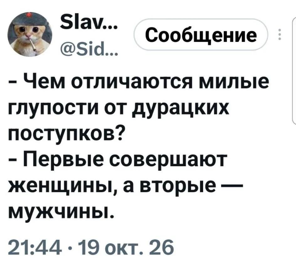Slav... @Sid... Сообщение - Чем отличаются милые глупости от дурацких поступков? - Первые совершают женщины, а вторые — мужчины. 21:44 · 19 окт. 26