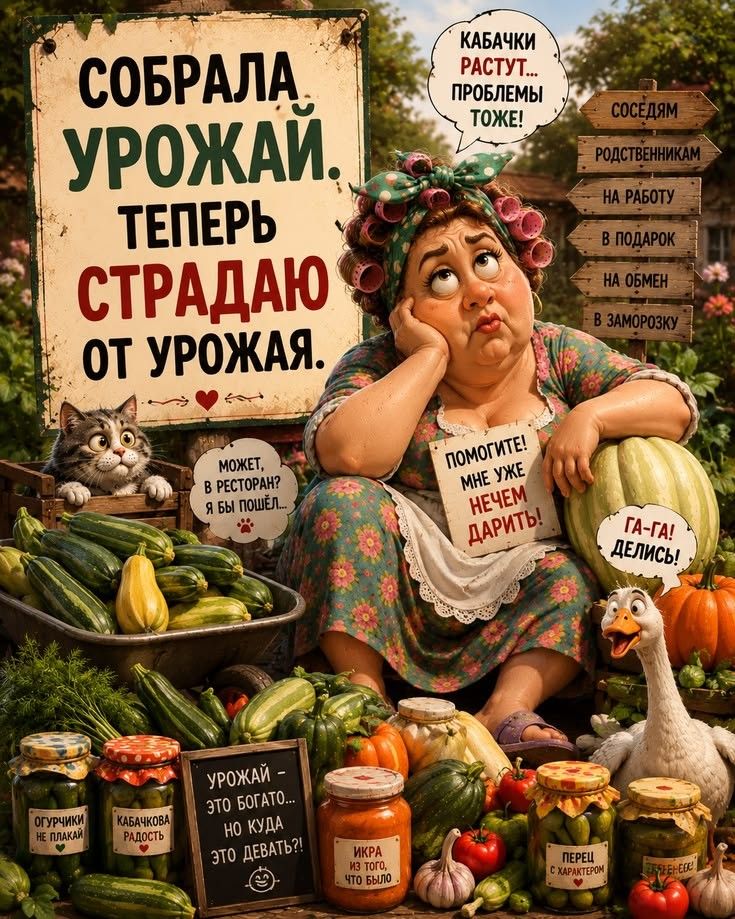 СОБРАЛА УРОЖАЙ. ТЕПЕРЬ СТРАДАЮ ОТ УРОЖАЯ. КАБАЧКИ РАСТУТ... ПРОБЛЕМЫ ТОЖЕ! СОСЕДЯМ РОДСТВЕННИКАМ НА РАБОТУ В ПОДАРОК НА ОБМЕН В ЗАМОРОЗКУ ПОМОГИТЕ! МНЕ УЖЕ НЕЧЕМ ДАРИТЬ! ГА-ГА! ДЕЛИСЬ! МОЖЕТ, В РЕСТОРАН? Я БЫ ПОШЁЛ... УРОЖАЙ - ЭТО БОГАТО... НО КУДА ЭТО ДЕВАТЬ?! ОГУРЧИКИ НЕ ПЛАКАЙ КАБАЧКОВА РАДОСТЬ ИКРА ИЗ ТОГО, ЧТО БЫЛО ПЕРЕЦ С ХАРАКТЕРОМ ПОМИДОРЫ