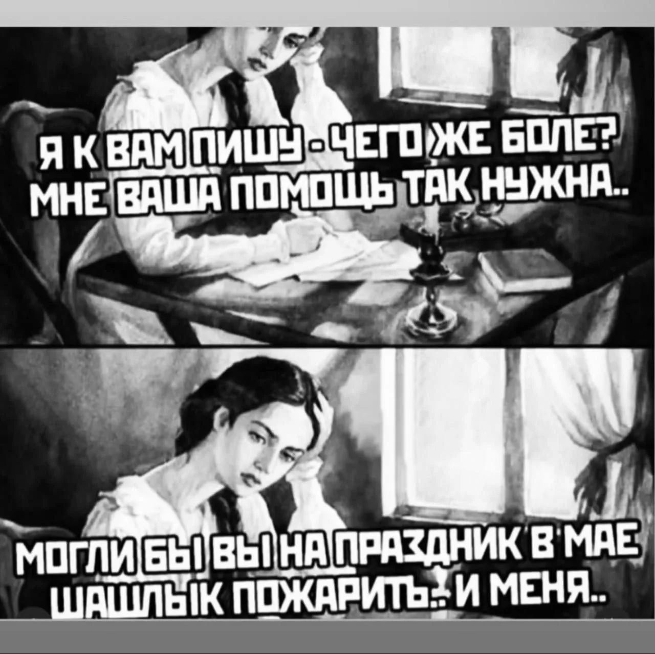 Я к вам пишу - чего же боле? Мне ваша помощь так нужна.. Могли бы вы на праздник в мае шашлык пожарить.. И меня..