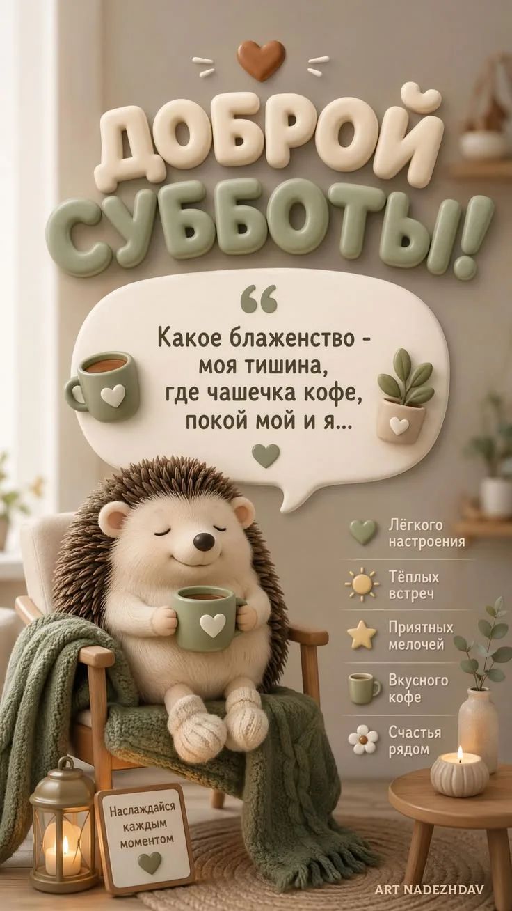 ДОБРОЙ СУББОТЫ!! Какое блаженство - моя тишина, где чашечка кофе, покой мой и я... Лёгкого настроения Тёплых встреч Приятных мелочей Вкусного кофе Счастья рядом Наслаждайся каждым моментом ART NADEZHDAV