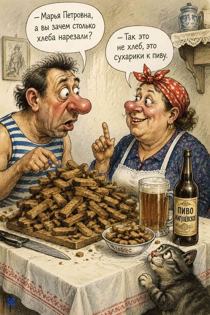 — Марья Петровна, а вы зачем столько хлеба нарезали? — Так это не хлеб, это сухарики к пиву.