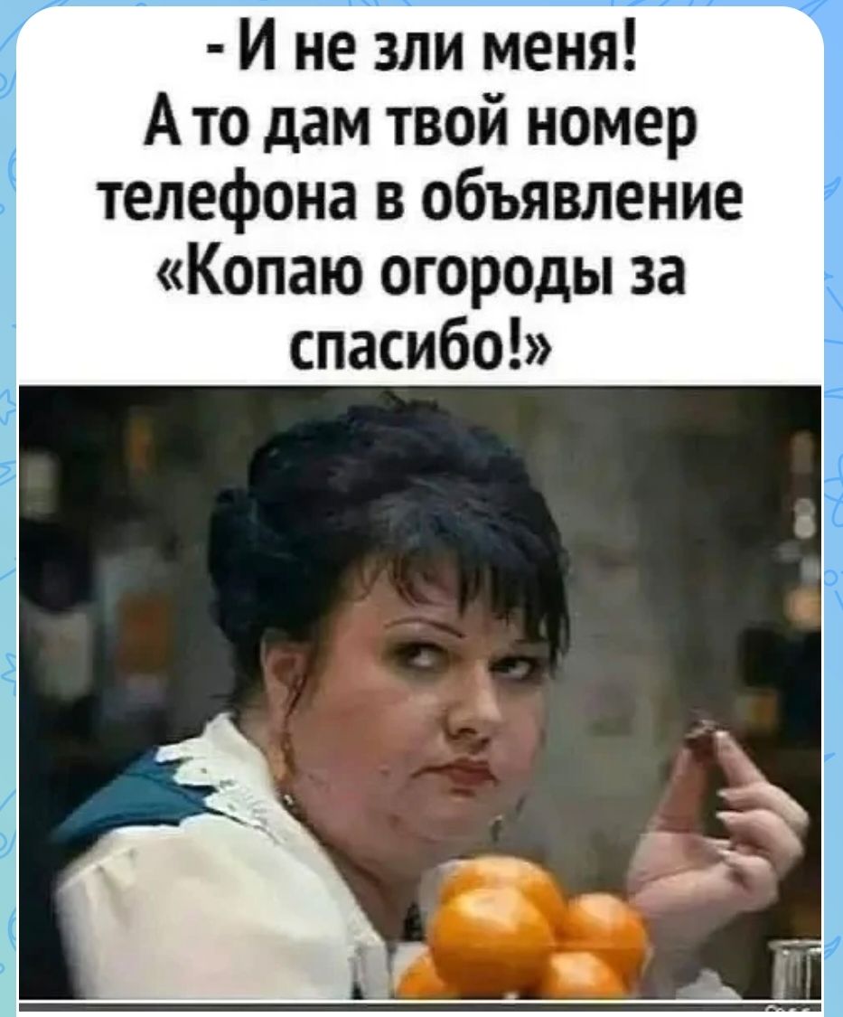 И не зли меня! А то дам твой номер телефона в объявление «Копаю огороды за спасибо!»