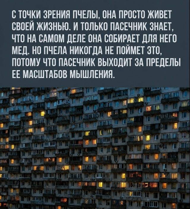 С точки зрения пчелы, она просто живет своей жизнью. И только пасечник знает, что на самом деле она собирает для него мед. Но пчела никогда не поймет это, потому что пасечник выходит за пределы ее масштабов мышления.