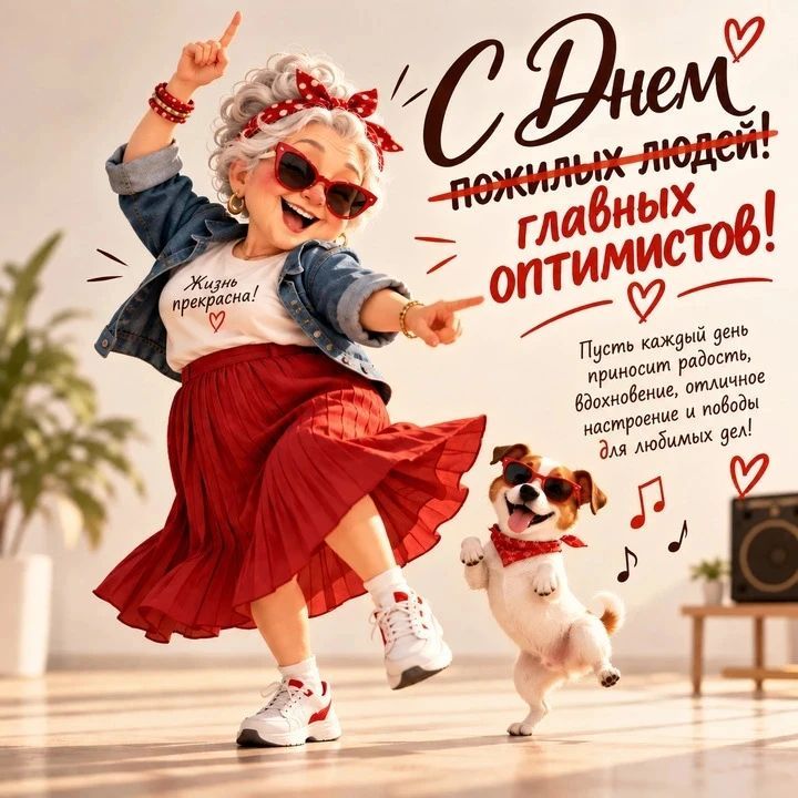С Днем пожилых людей! Главных оптимистов! Жизнь прекрасна! Пусть каждый день приносит радость, вдохновение, отличное настроение и поводы для любимых дел!